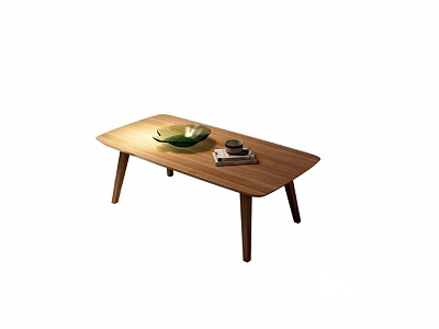 Natural Wooden Rectangular Coffee Table With Green Bowl And Stacked Books 3d model