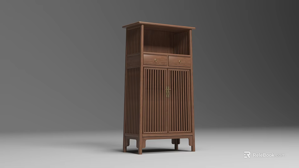 Traditional Wooden Decorative Cabinet With Vertical Slats Drawers And Open Shelf 3d model 