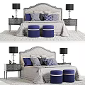 Elegant Double Bed with Quilted Headboard Blue Pillows Nightstands and Stools on Patterned Rug 3d model