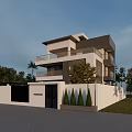 Modern Two Story Detached Villa With Balcony Wall Gate And Palm Trees