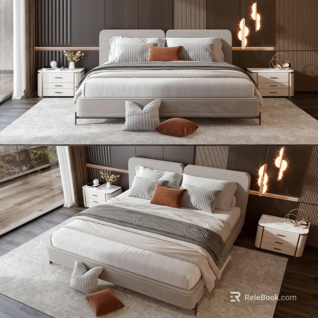 Modern Double Bed With White Sheets Gray Blanket Decorative Pillows And Wooden Nightstands On Both Sides 3d model 