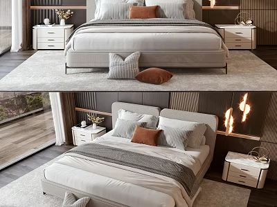 Modern Double Bed With White Sheets Gray Blanket Decorative Pillows And Wooden Nightstands On Both Sides 3d model