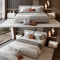Modern Double Bed With White Sheets Gray Blanket Decorative Pillows And Wooden Nightstands On Both Sides