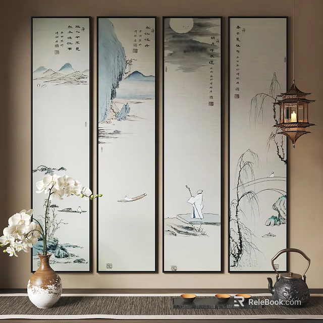 Chinese Landscape Scroll Paintings In Traditional Indoor Setting With Lantern And Flower Vase 3d model 