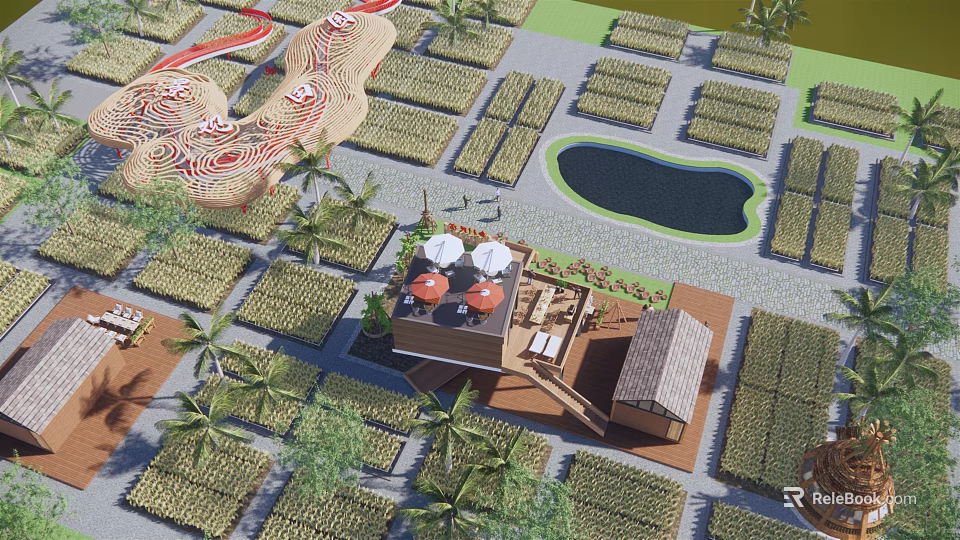 Rural Landscape Design With Farm Fields Pond Palm Trees And Traditional Cottages 3d model 