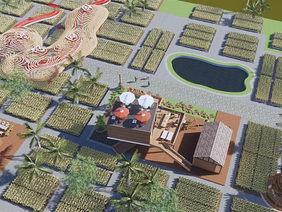 Rural Landscape Design With Farm Fields Pond Palm Trees And Traditional Cottages 3d model