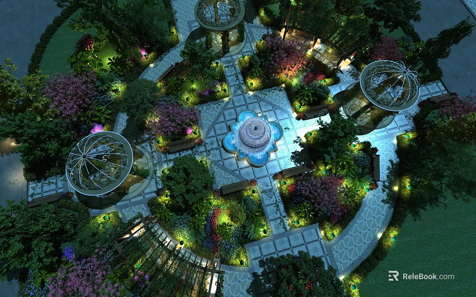 Lush Garden Landscape With Central Decorative Fountain Colorful Flower Beds And Illuminated Pathways 3d model 