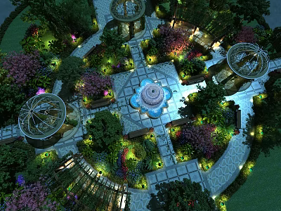 Lush Garden Landscape With Central Decorative Fountain Colorful Flower Beds And Illuminated Pathways 3d model
