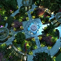 Lush Garden Landscape With Central Decorative Fountain Colorful Flower Beds And Illuminated Pathways