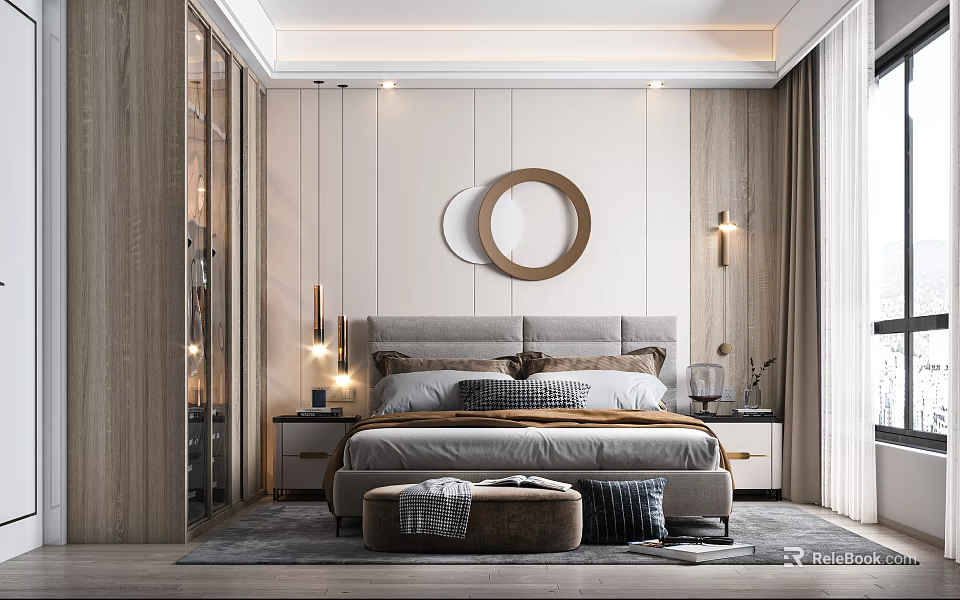 Elegant Modern Bedroom Interior With Gray Headboard Pillows Circular Wall Decor Bedside Lamps And Ottoman 3d model 