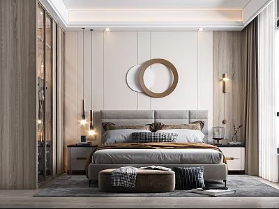 Elegant Modern Bedroom Interior With Gray Headboard Pillows Circular Wall Decor Bedside Lamps And Ottoman 3d model