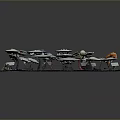 Various Colored Futuristic SciFi Models With Circular Platforms And Structures On Gray Base