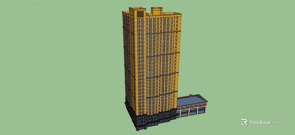 Tall Yellow High Rise Building With Multiple Windows And Commercial Podium 3d model 