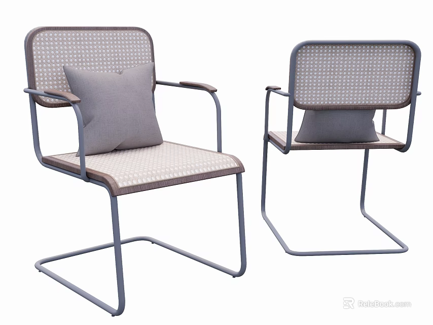 Modern Dining Chairs With Woven Back Seat And Gray Cushion On Metal Frame 3d model 