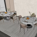 Modern Round Dining Table Set with Chairs Fruits Tableware on Rug by Window 3d model