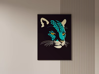 Turquoise Leopard Painting with Yellow Eyes and Dark Background Wall Art Decor 3d model
