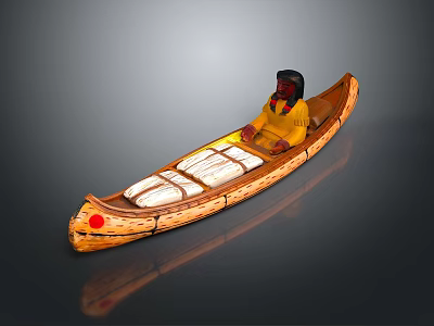 Traditional Wooden Canoe With Person In Yellow Clothing Black Hat Red Dot And White Seats 3d model