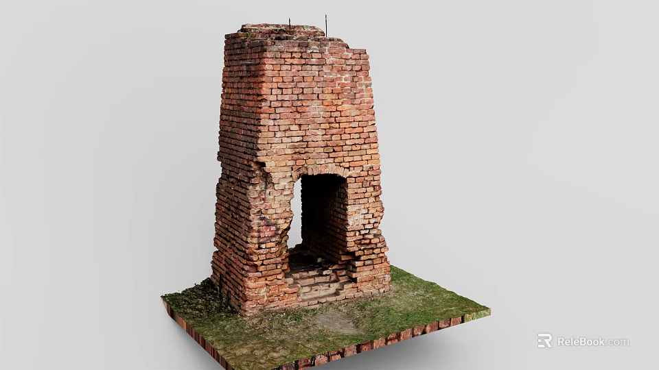 Old Red Brick Ruins Structure With Central Opening On Grass Base 3d model