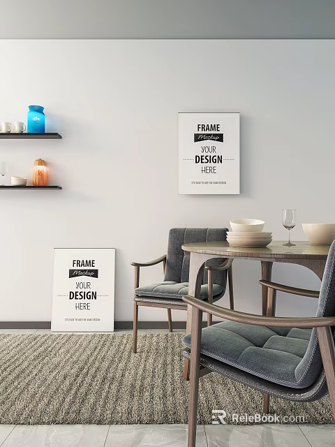 Modern Dining Table Set With Chairs Frame On Wall Shelves And Decor Items 3d model 