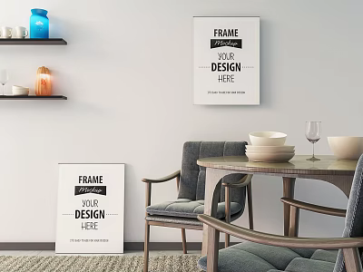Modern Dining Table Set With Chairs Frame On Wall Shelves And Decor Items 3d model