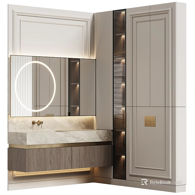 Modern Washbasin Vanity Interior Design With Round Backlit Mirror Marble Countertop And Cabinets 3d model 