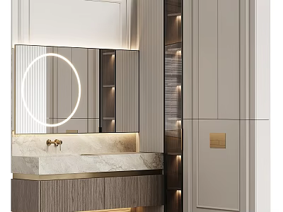 Modern Washbasin Vanity Interior Design With Round Backlit Mirror Marble Countertop And Cabinets 3d model