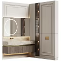 Modern Washbasin Vanity Interior Design With Round Backlit Mirror Marble Countertop And Cabinets