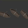 Three Classic Wooden Rowing Boats with Oars Arranged on Gray Background