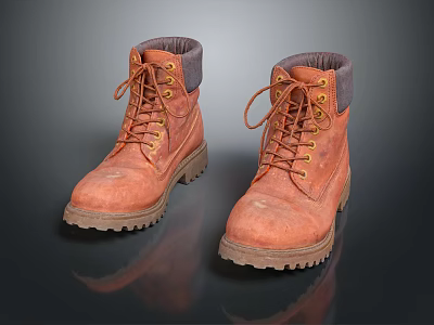 Brown Leather Work Boots With Lace Up Design Thick Soles And Gray Cuffs 3d model