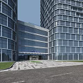 Modern Office Building Exterior With Glass Curtain Walls And Landscaped Entrance Greenery