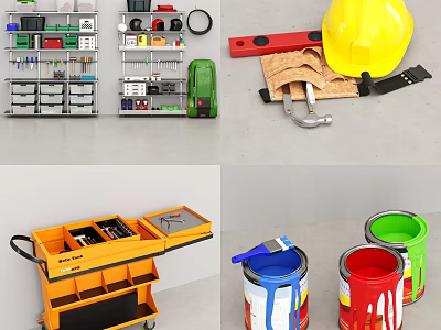 Organized Hardware Tools Storage with Tool Rack Cart Paint Cans and Safety Gear 3d model