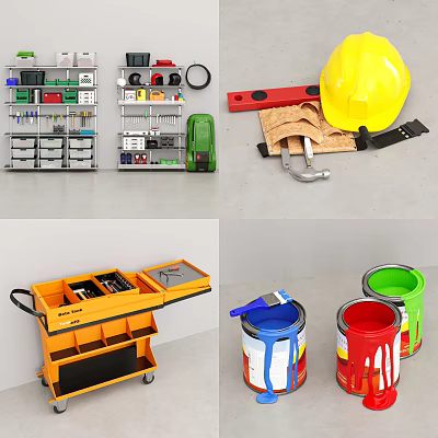 Organized Hardware Tools Storage with Tool Rack Cart Paint Cans and Safety Gear 3d model