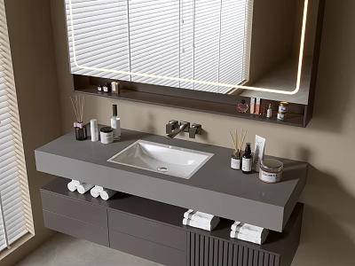 Modern Bathroom Vanity Cabinet With Framed Mirror Integrated Sink Storage And Toiletries 3d model