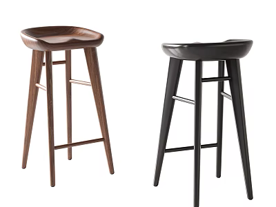 Modern Simple Design Bar Stools With Wooden And Black Curved Seats And Tall Legs 3d model