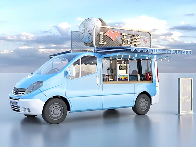 Mobile Blue Food Truck With LOVE FOOD Signboard Decorative Top Interior And Menu Board 3d model