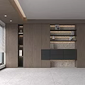 Wooden Console Table In Modern Interior With Black Cabinet Shelves And Plant