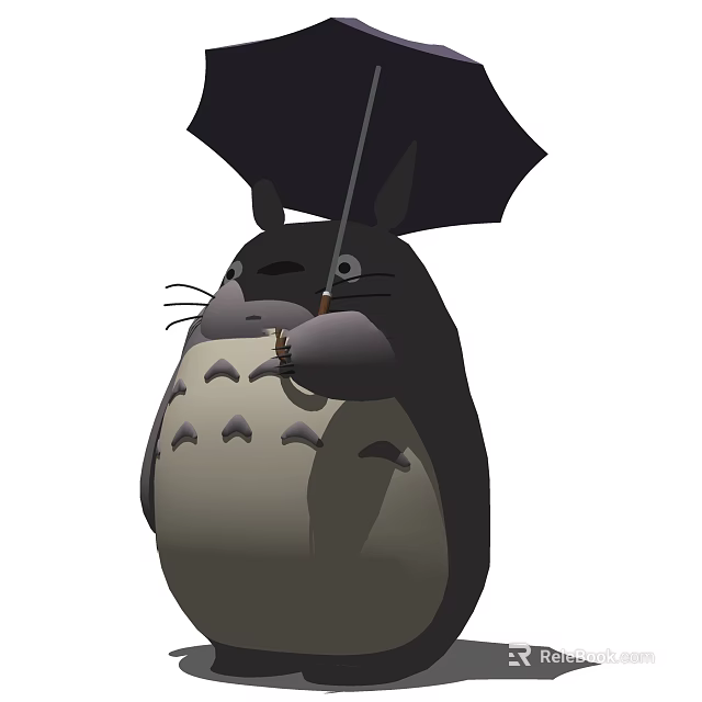 Adorable Totoro Plush Toy Holding Black Umbrella With Soft Design 3d model 