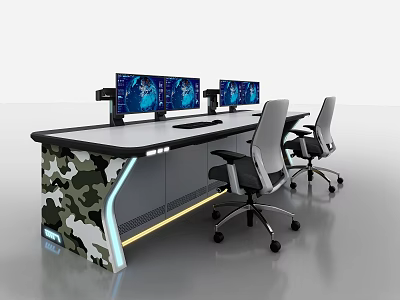 Functional Desk with Camouflage Design LED Strip Lights Dual Monitors and Ergonomic Office Chairs 3d model