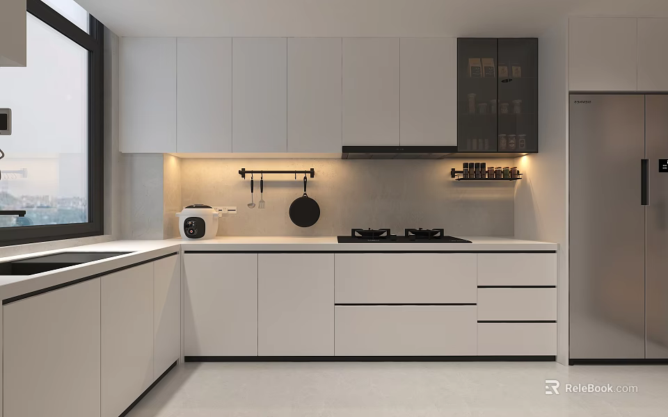 Modern Kitchen Interior Design With White Cabinets Countertop Lighting And Appliances 3d model 