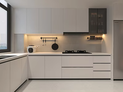 Modern Kitchen Interior Design With White Cabinets Countertop Lighting And Appliances 3d model