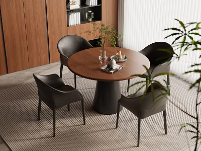 Modern Dining Area With Round Table Black Chairs Green Plant And Area Rug 3d model