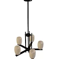 Tech Exhibition Hall Interior Featuring Modern Black Metal Pendant Light With White Glass Shades