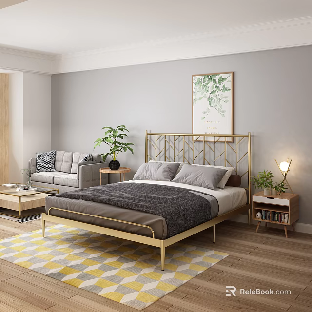 Modern Double Bed with Golden Headboard Gray Quilt and Green Plant in Bedroom 3d model 