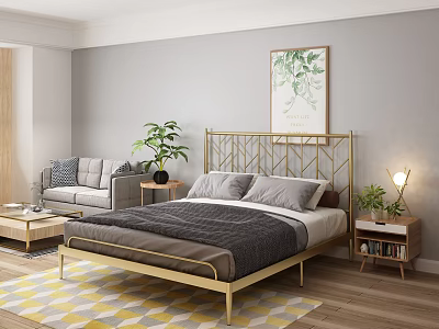 Modern Double Bed with Golden Headboard Gray Quilt and Green Plant in Bedroom 3d model