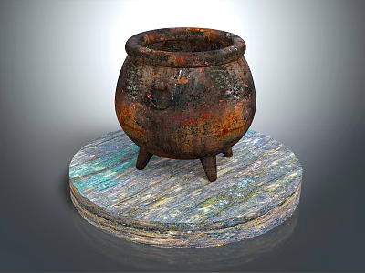 Rusty Iron Cauldron With Three Legs On Colorful Wooden Round Platform As Household Item 3d model