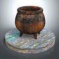 Rusty Iron Cauldron With Three Legs On Colorful Wooden Round Platform As Household Item