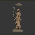 Golden Deity Character Statue With Umbrella Headdress Arrows Staff And Stone Base