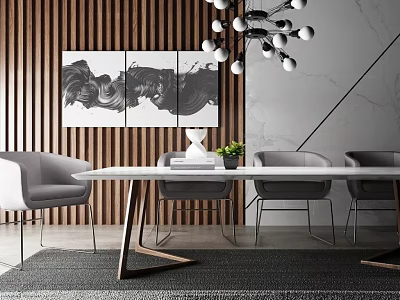 Modern Dining Table Set With Grey Chairs White Tabletop Wooden Wall And Chandelier 3d model