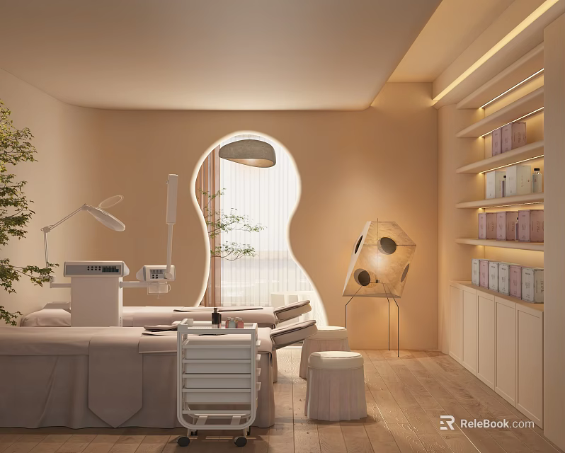 Elegant SPA Room Interior With Massage Bed Beauty Equipment Skincare Products And Green Plants 3d model 