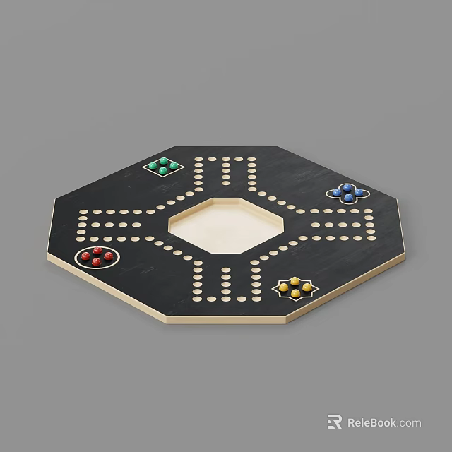 Octagonal Wooden Board Game With Colorful Pieces And White Center Strategy Play 3d model 
